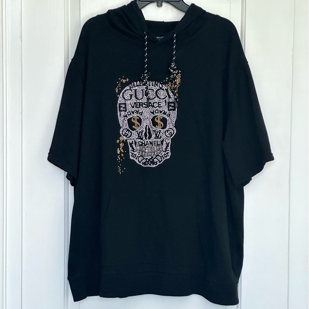 No Boundaries Sugar Skull Hoodie 3XL Black Short Sleeve Logo Pullover NWOT Y2K